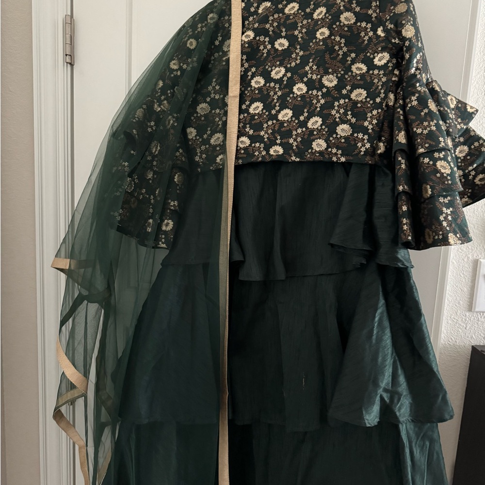 Floral Green Layered Dress with Sheer Overlay